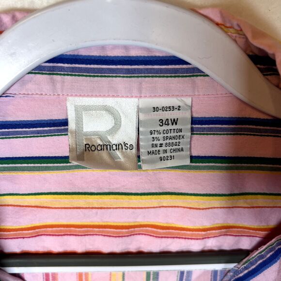 Roamans Button Up Collar Shirt Women’s 34W Pink Rainbow Vertical Stripe See Pics - Picture 2 of 6